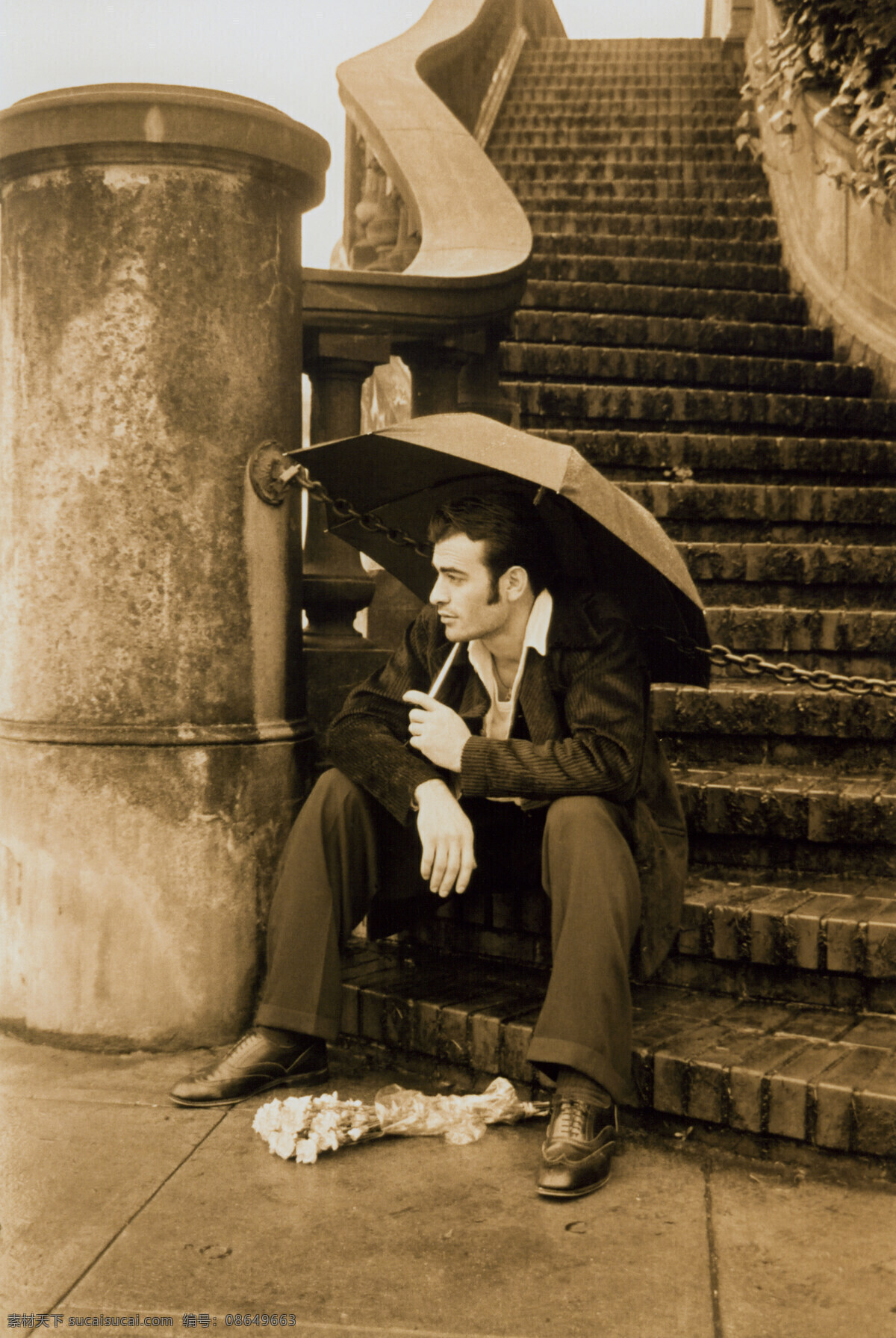 撑雨伞男人 男性 男人 男士 台阶 花 黑白照片 人物图库 人物头像 摄影图
