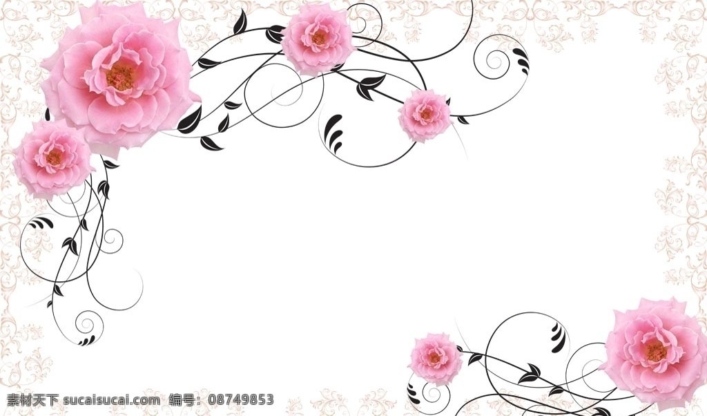浪漫 玫瑰 背景 墙 鲜花 花朵 花藤 壁画 背景墙 现代 时尚 线条 粉色 简约 分层
