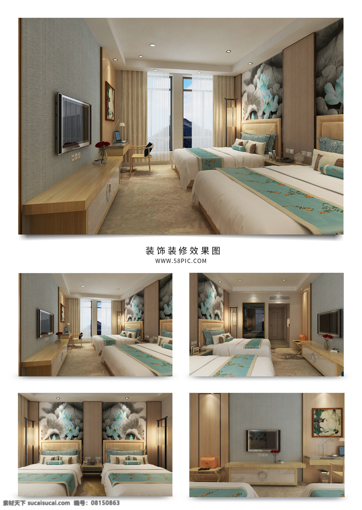 现代 新 中式 客房 双人间 装修 效果图 新中式 古风 水墨画 木制 标准间 温暖色 简约风