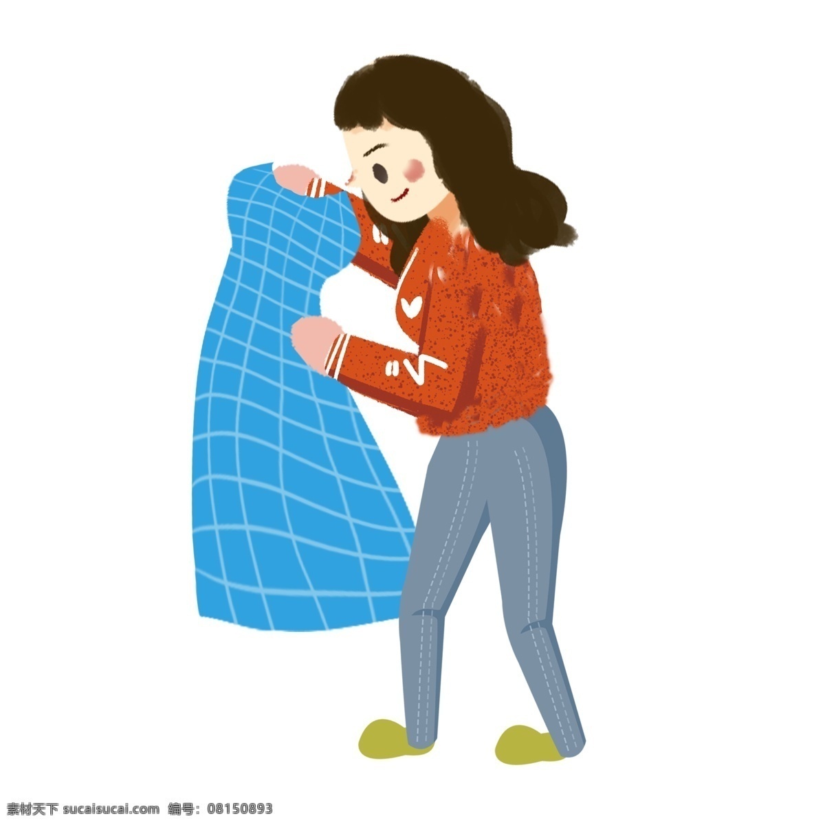 手绘 蓝色 裙子 女孩 卡通 插画 购物 试衣服 女生