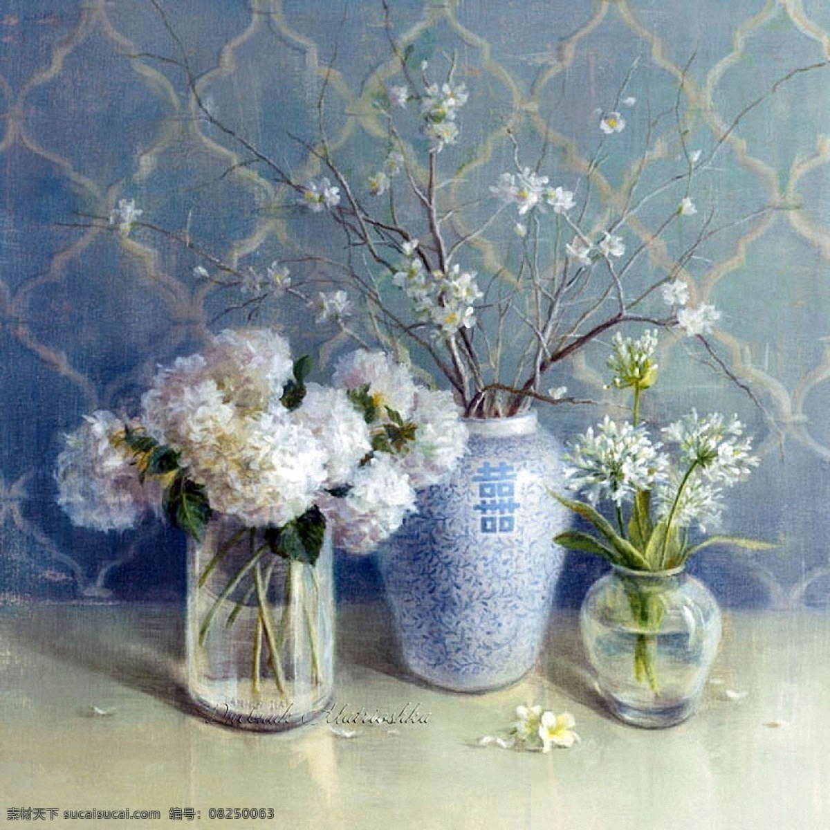 油画 花瓶 中 花 格式 白色花朵 简约风格