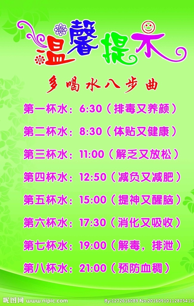 温馨提示 喝水八步曲 多喝水 喝水的好处 绿色背景图 绿色展板