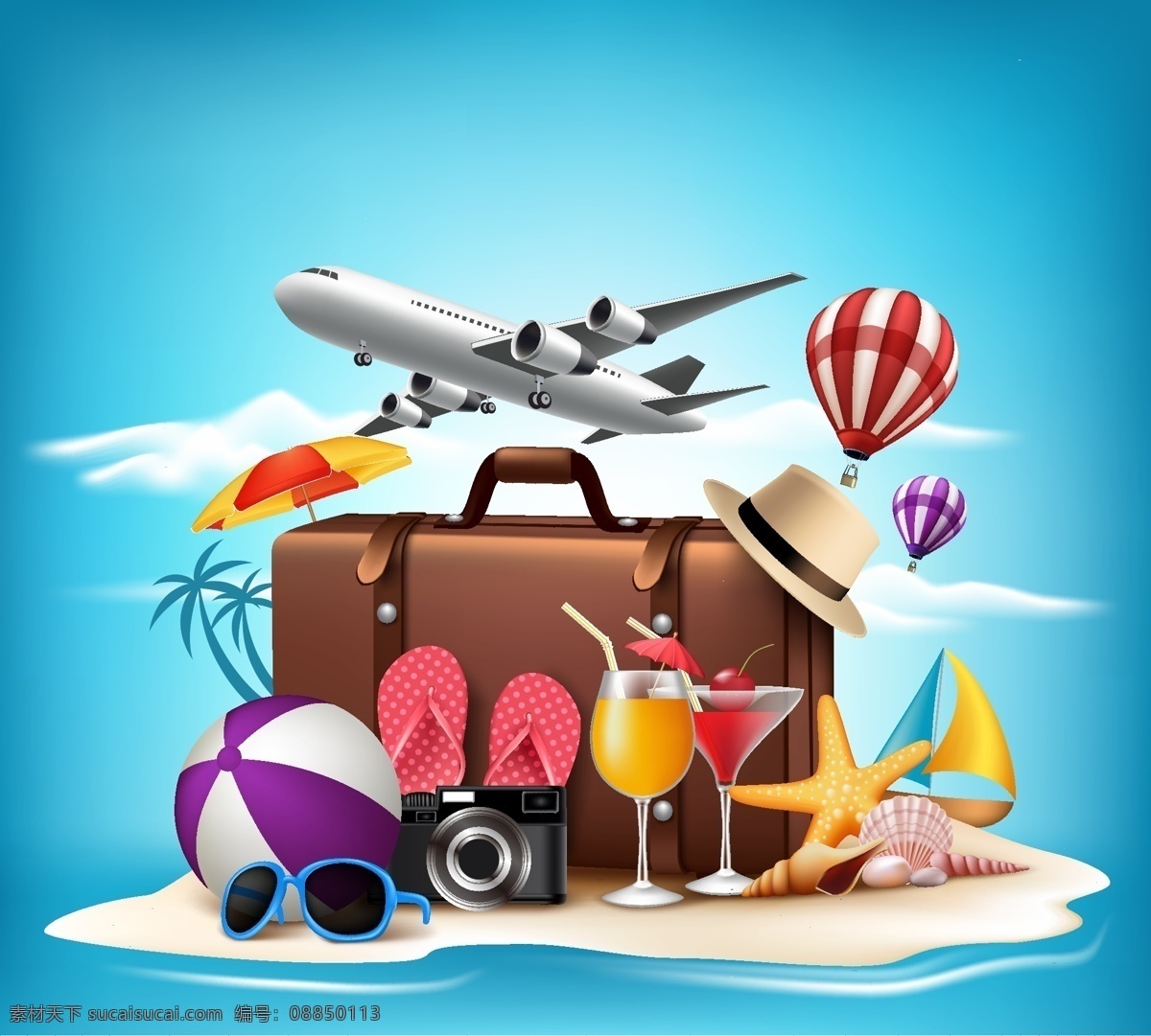 夏天 时尚 旅行 插画 飞机 旅行箱 沙滩 热气球