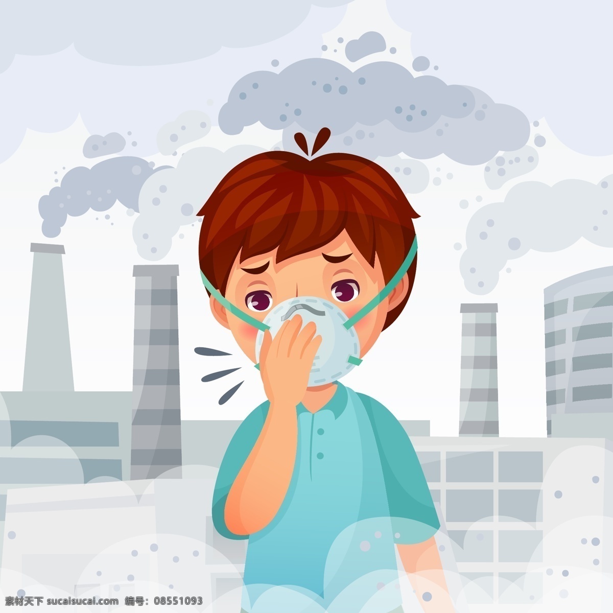 卡通 口罩 男孩 矢量 咳嗽 工业 大气污染 高清图片