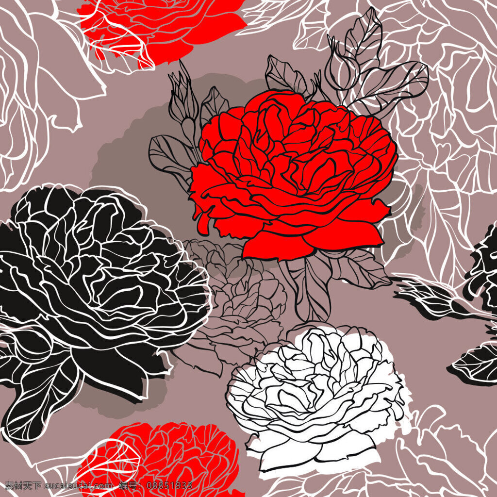 卡通 花纹 系列 红玫瑰 素色 矢量花纹 红色