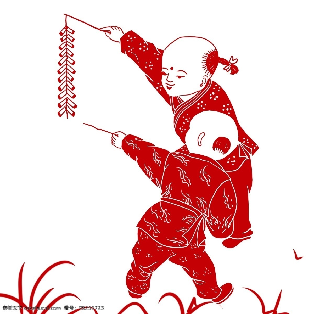 剪纸 复古 放 鞭炮 小孩 新年 传统 吉祥 高兴 幸福 快乐 中国风 孩子 放鞭炮 2019 年 手绘