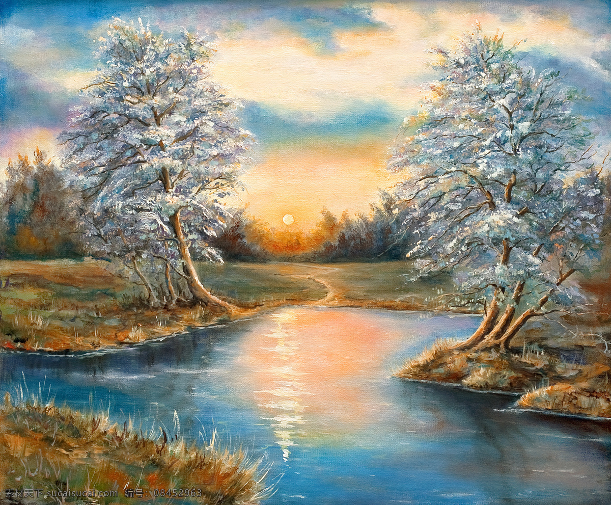 手绘 自然风光 背景 大树 湖水 天空 插画 书画 国画 素描 涂鸭 水墨画 油画 书画文字 文化艺术