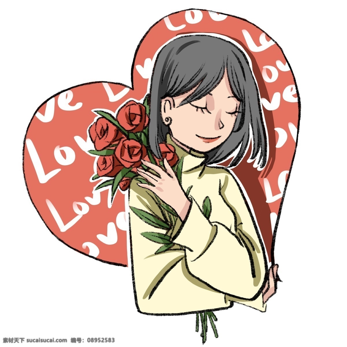 情人节 爱心 玫瑰花 少女 女孩 爱情 植物 节日 幸福 手绘 浪漫
