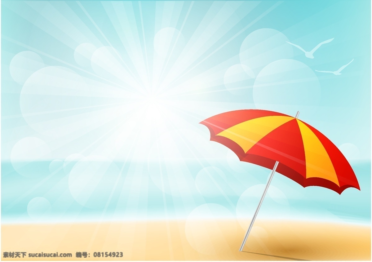 海滩 上 遮阳伞 梦幻光斑 夏日海报 夏季海报 沙滩背景 卡通海滩风景 行业标志 标志图标 矢量素材 白色