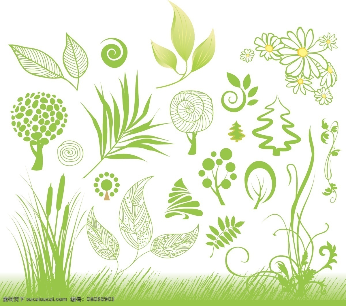 手绘 绿色植物 矢量图 花朵 绿草 树木 藤蔓 线稿 小麦 叶子 植物插画 其他矢量图