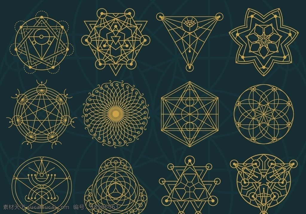 款 金色 神秘 几何 图案 矢量 几何图案 图形组合 神圣符号 标志 插图 设计元素 形状 视觉 艺术 三角形 炼金术 底纹边框 条纹线条
