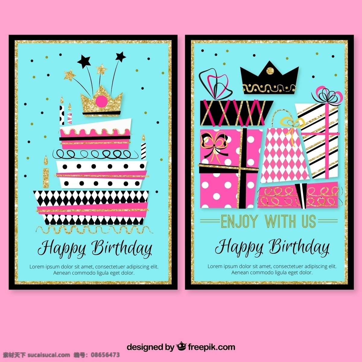 时尚 生日 派对 邀请 卡片 封面 矢量 礼物 礼盒 矢量素材 王冠 彩色 生日蛋糕 卡