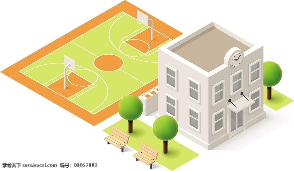 卡通建筑 城市建筑 手绘建筑 学校 操场 虚拟城市 游戏场景 建筑模型 建筑插画 漫画背景 环境设计 建筑设计 矢量