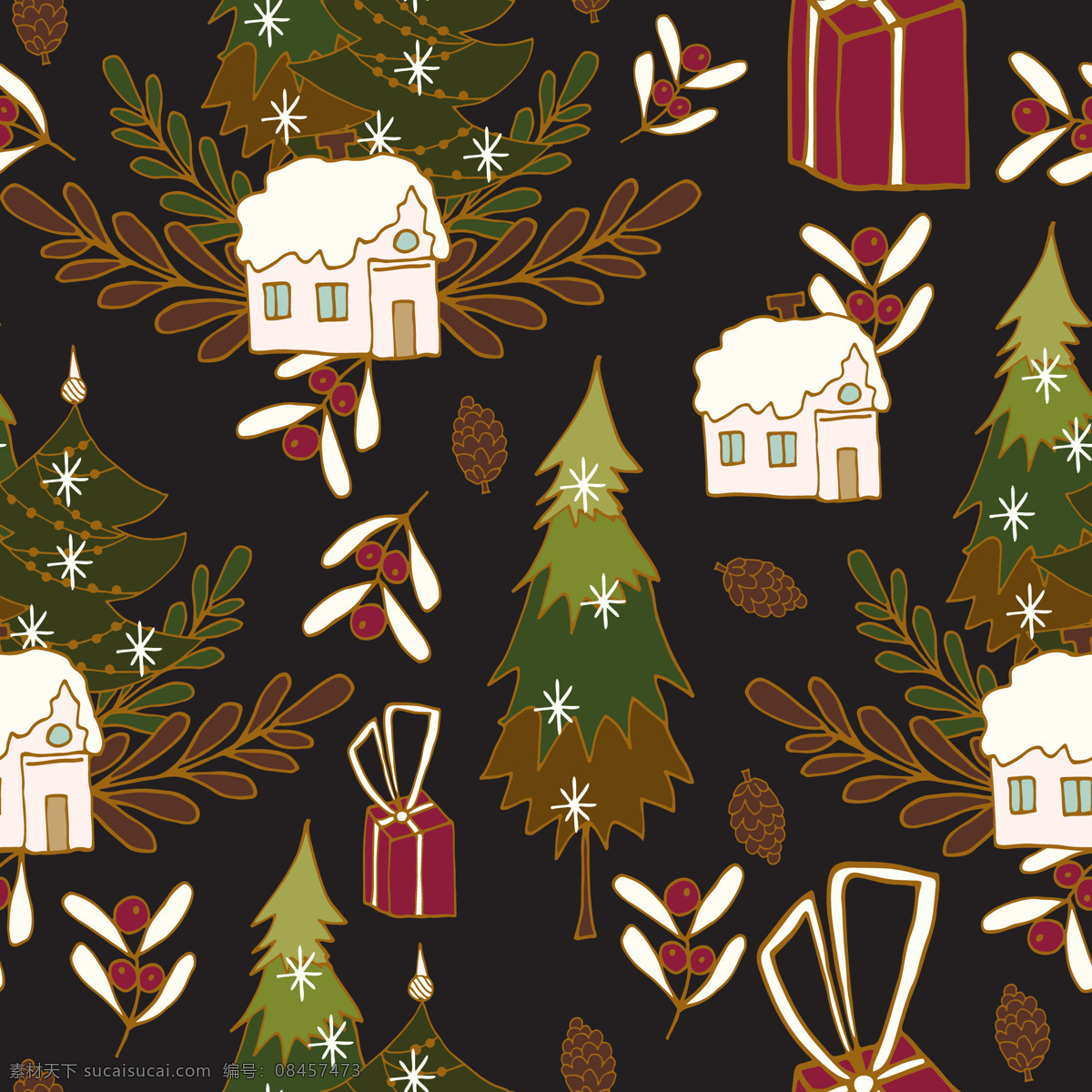黑色 树木 房屋 圣诞 背景 雪花 树叶 礼物 房子 背景素材 填充背景