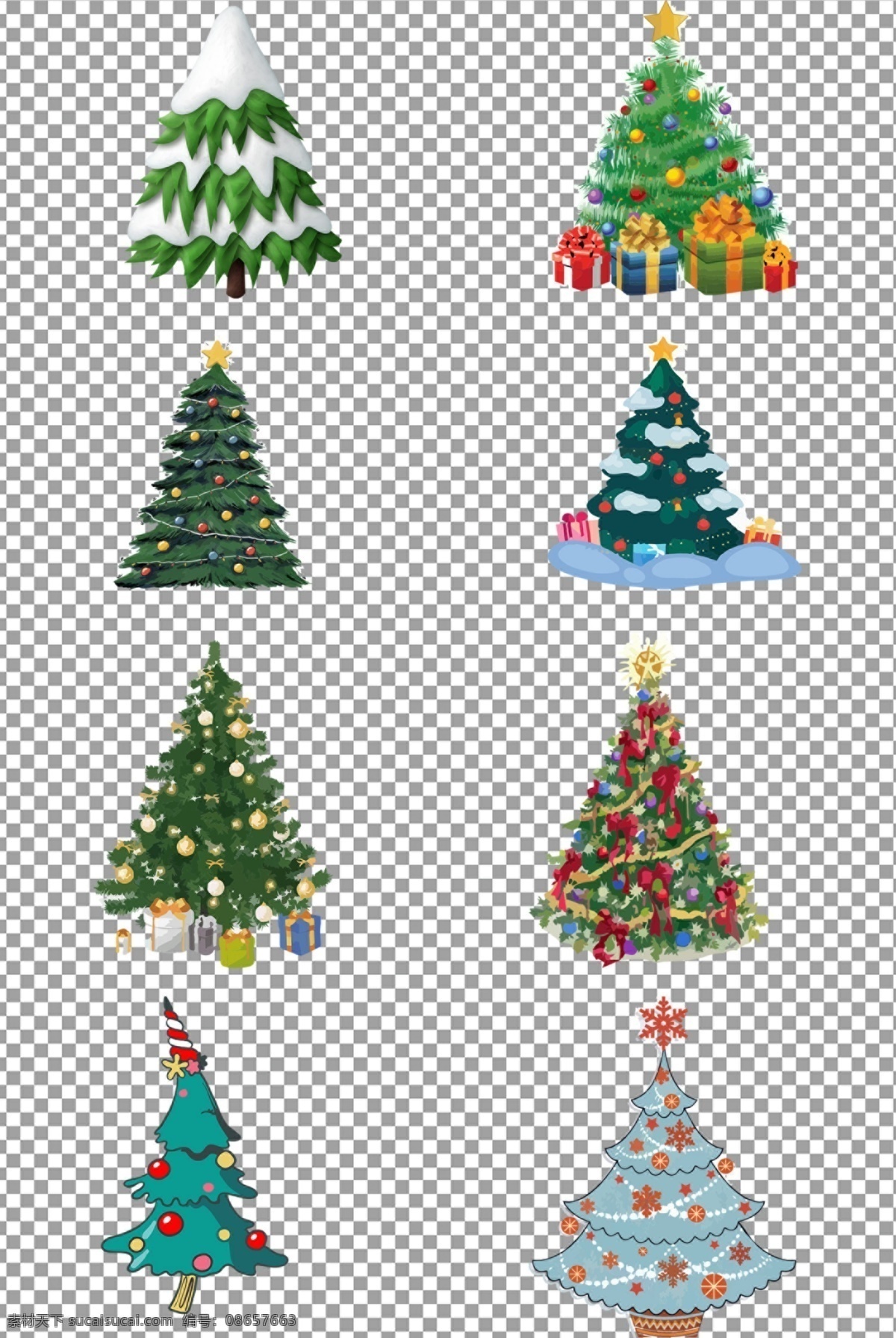 手绘 彩色 圣诞树 礼物 圣诞节 免抠 无背景 免抠图 抠图 元素 透明 通道 png免抠图 分层