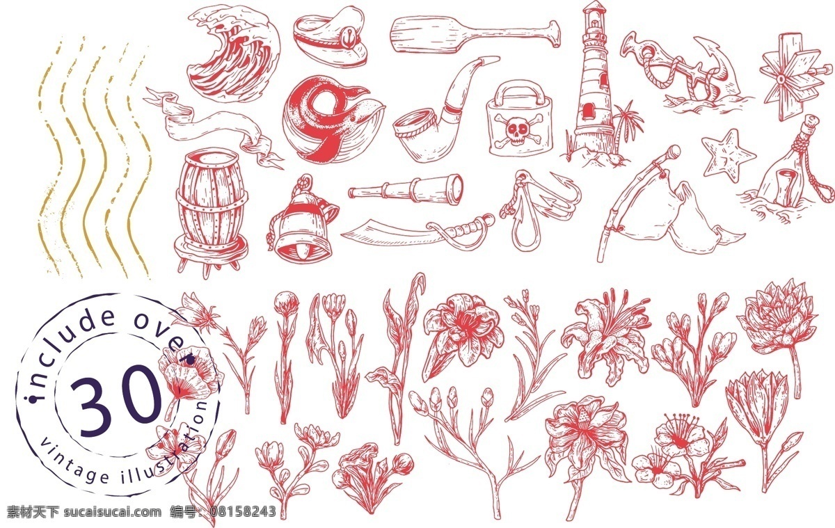 素描 手绘 出海 航行 花草 邮票 邮戳 长刀 大刀 铃铛 木桶 烟斗 海盗 帽子 草帽 灯塔 骷髅头 海星 望远镜 蓝鲸 鲸鱼 海浪 波浪 水波 鱼钩 船锚 船桨 发动机 船舵 漂流瓶 瓶中信 三角旗 百合 花枝 花朵 鲜花 莲花 睡莲 线稿 速写 写生 黑白 轮廓 生活百科
