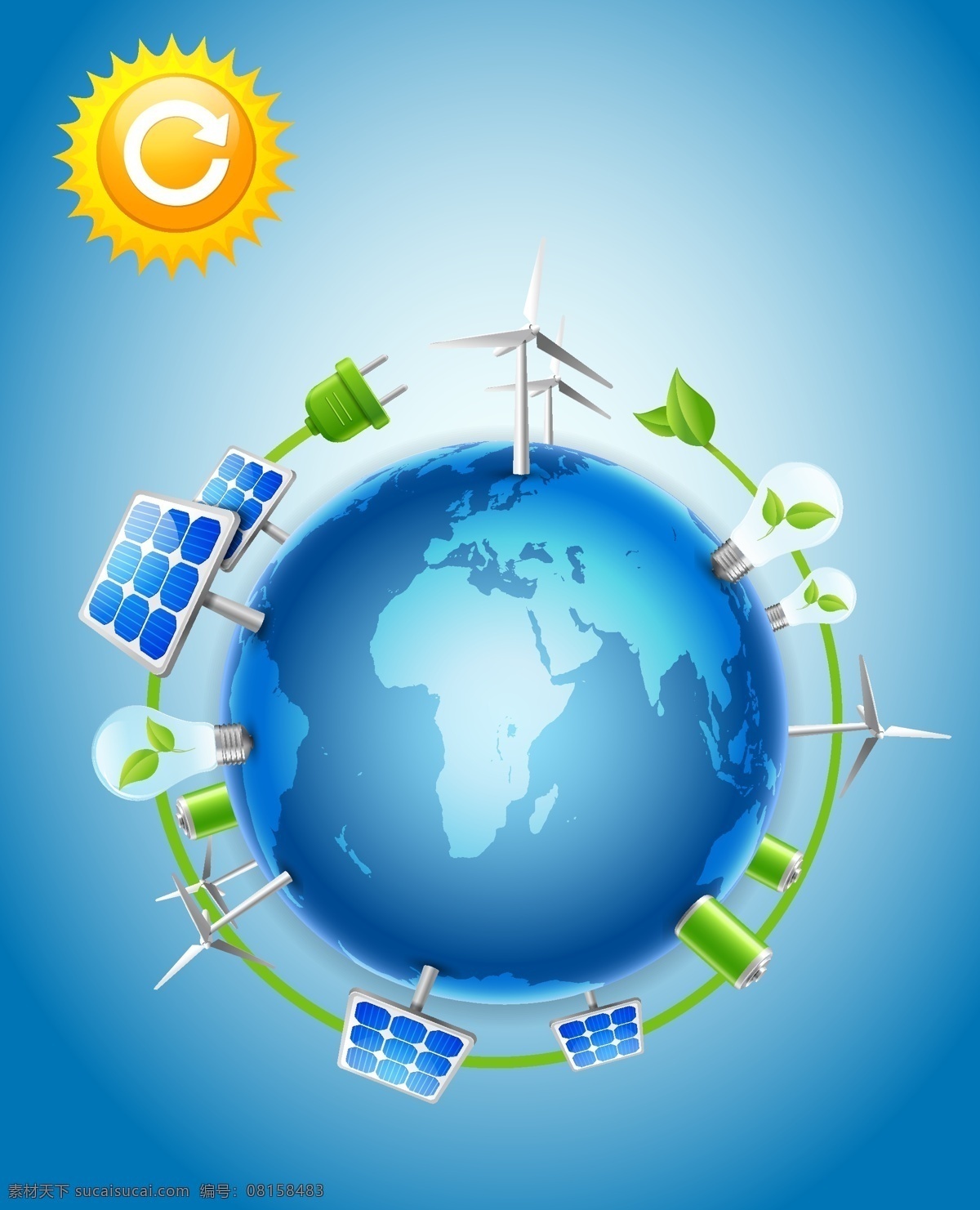 矢量 创意 环保 地球 家园 背景 低碳 海报 可循环 蓝色 绿植 太阳 质感