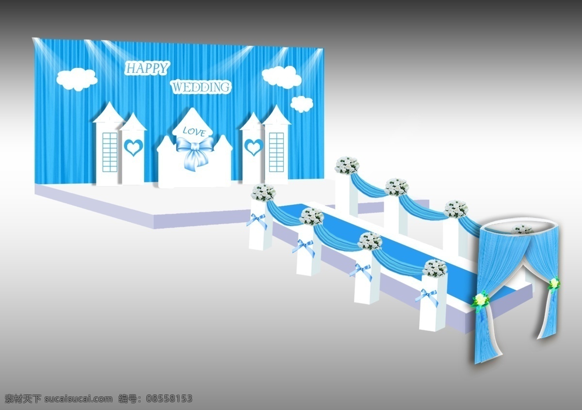 布幔 场景 婚礼 婚宴 效果图 psd素材 浪漫 唯美 婚礼主题 婚庆设计 浪漫婚礼 蓝色婚礼 舞台 蓝色 白色