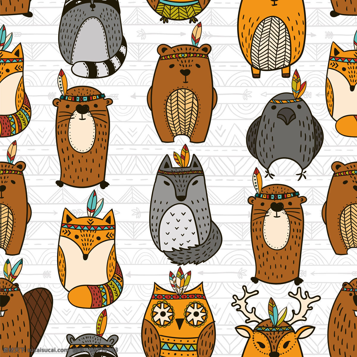 呆 萌 清新 部落 元素 猫头鹰 壁纸 图案 装饰设计 壁纸图案 羽毛 酋长头饰