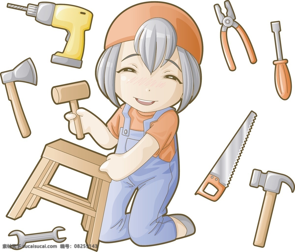 可爱木工女孩 女孩 木工 木匠 锤子 椅子 电钻 钳子 斧头