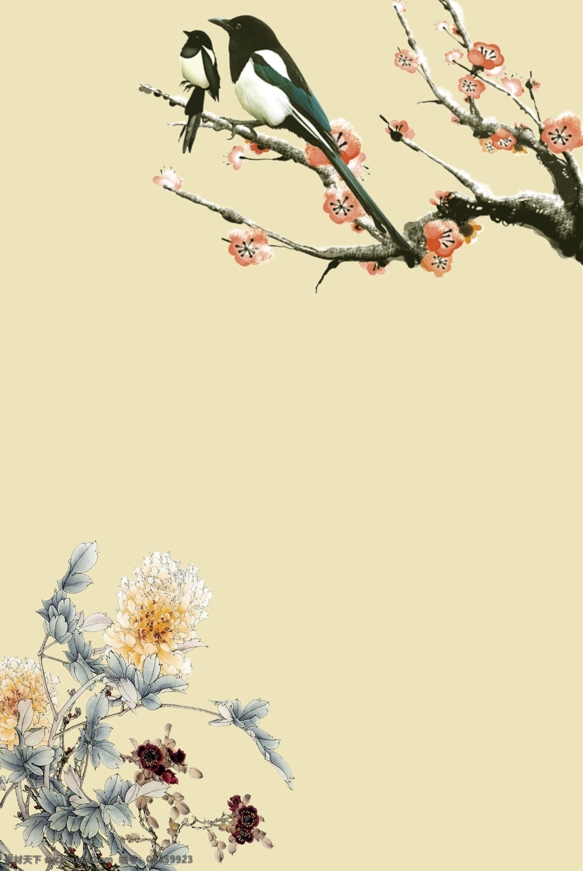 莫 兰迪 中国 风 喜鹊 梅花 海报 莫兰迪 简约 文艺 清新 大气 燕子 淡黄色
