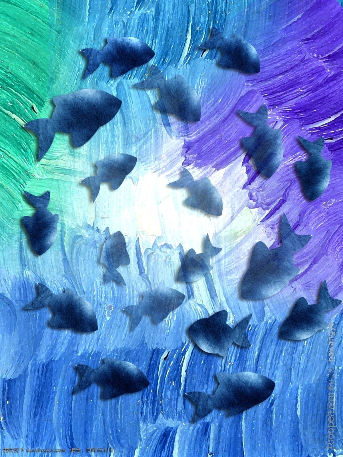 现代 梦幻 海底 鱼 客厅 装饰画 梦幻海洋 蓝色水墨鱼 客厅装饰画 肌理背景 蓝色渐变