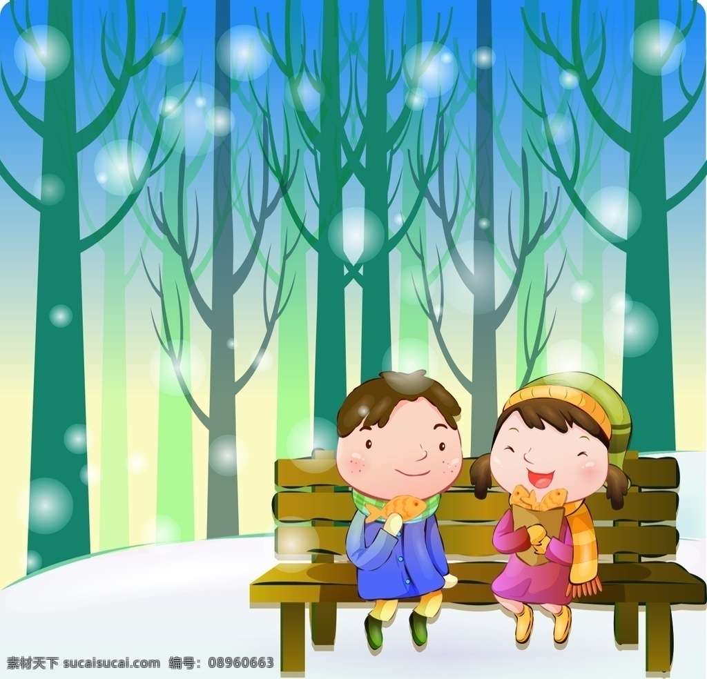 冬天 长椅 上 孩子 可爱 手绘 卡通 插画 卡通儿童素材 卡通设计