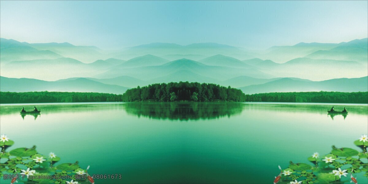 湖面 风景 湖 湖水 风景画 荷花 船 背景 夏天 春天 psd源文件