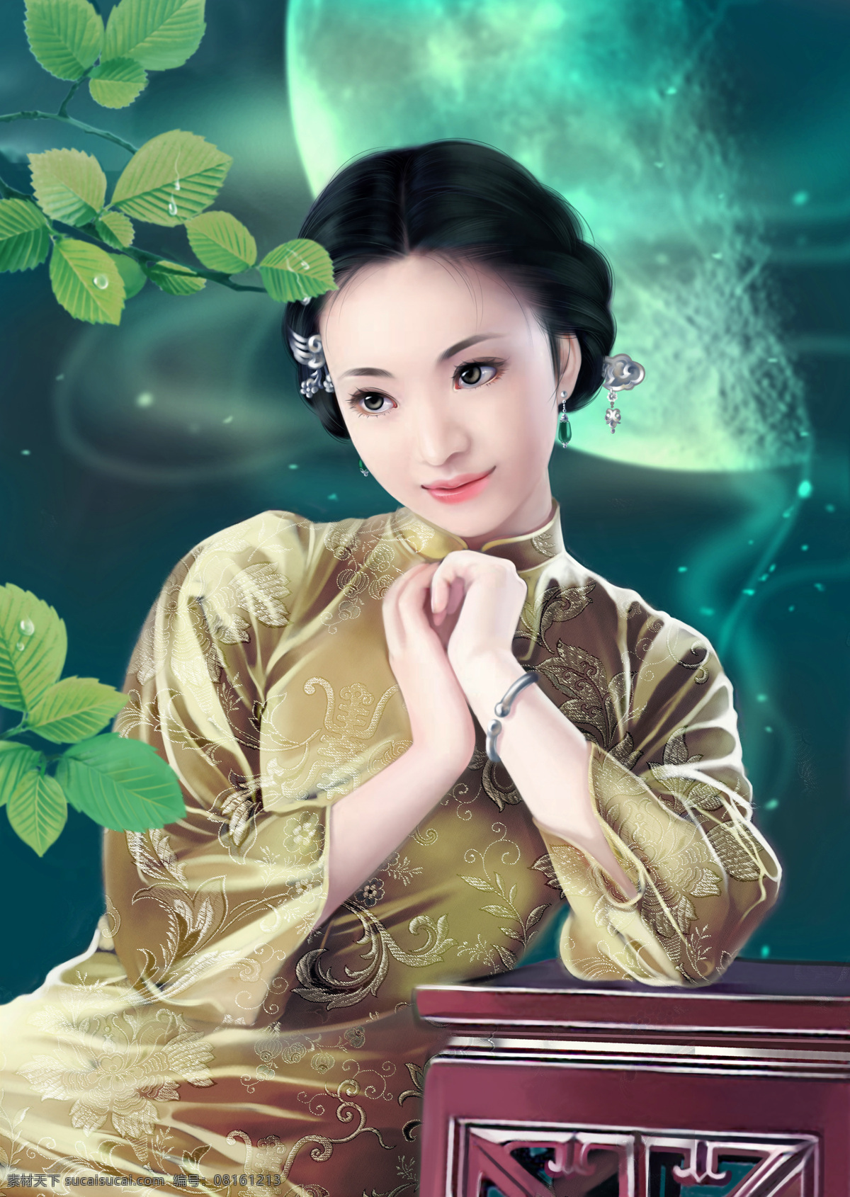 古装美女 唯美 古装 数字绘画 手绘美女 美女 旗袍 月亮 树叶 桌台 数字绘画艺术 动漫动画 动漫人物