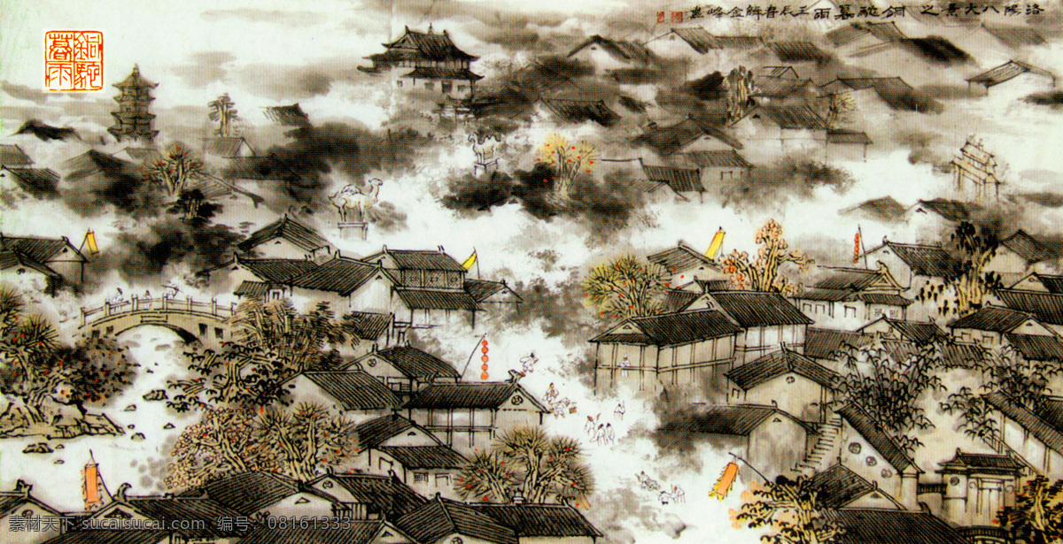 洛阳 古都 八大景 铜驼暮雨 国画 绘画 纹理 洛阳八大景 文化艺术 绘画书法