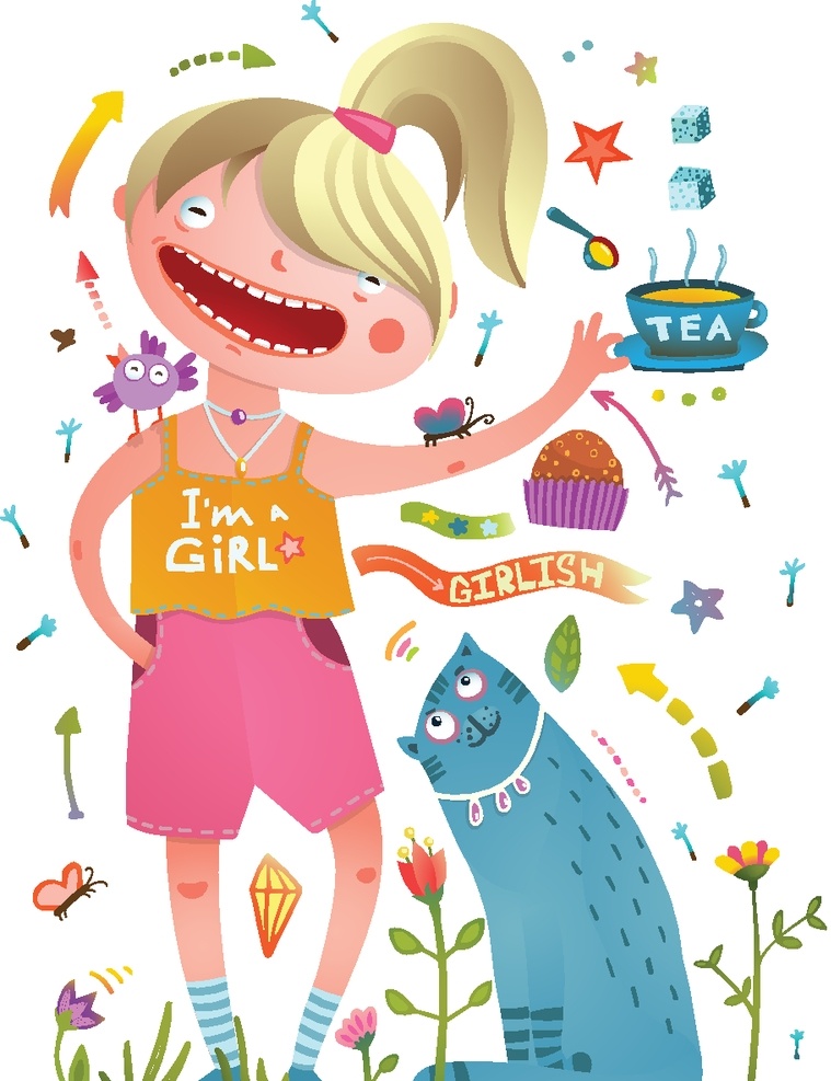 女孩 人物 日用品 插画 可爱 卡通 数字 高跟鞋 戒指 冰淇淋 蝴蝶结 口红 人物图库 女性妇女