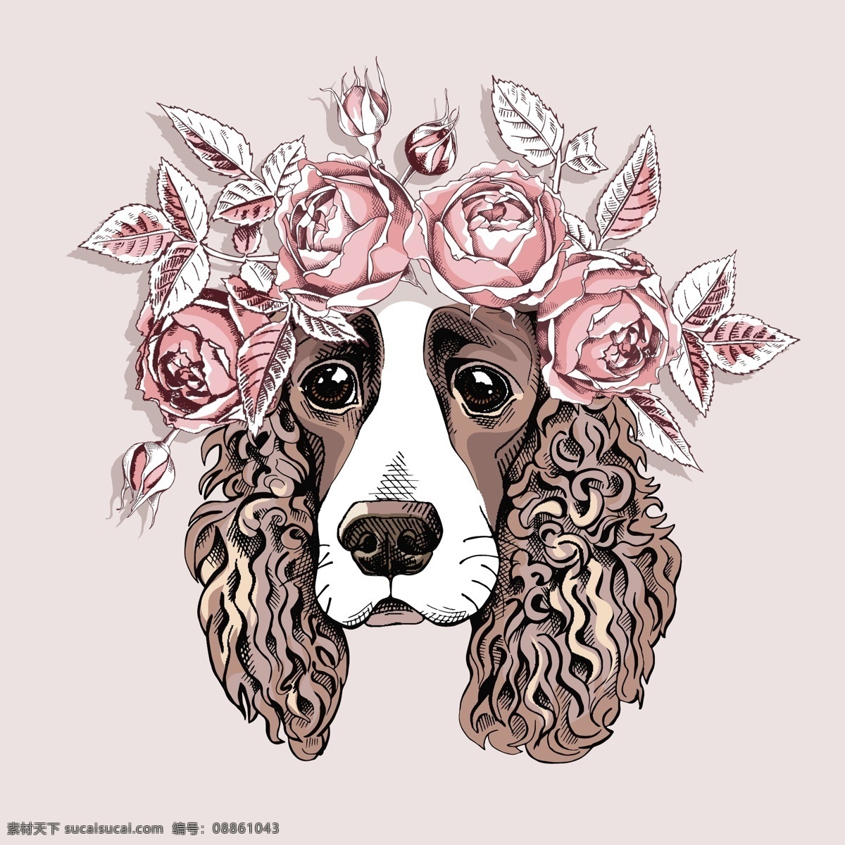 玫瑰花 花环 宠物狗 卡通 形象 动物 宠物 狗 小狗 贵宾狗 花 花朵 树叶 叶子 手绘 水彩 写实 涂鸦 可爱 可爱涂鸦 可爱动物 可爱儿童画 图案 元素 背景 卡通形象 卡通动物 动漫 漫画 插图 简笔画 儿童画 装饰 装饰图 装饰画 印花 服装印花 印花图案 家纺 家纺印花 图案设计 广告 卡通设计