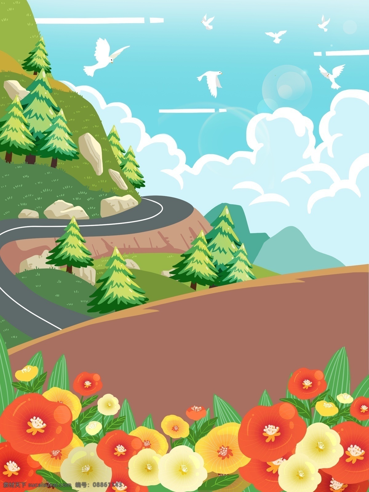 清新 公路 树林 花丛 背景 蓝天 清新背景 广告背景 背景设计 psd背景 背景展板 特邀背景 促销背景 背景展板图