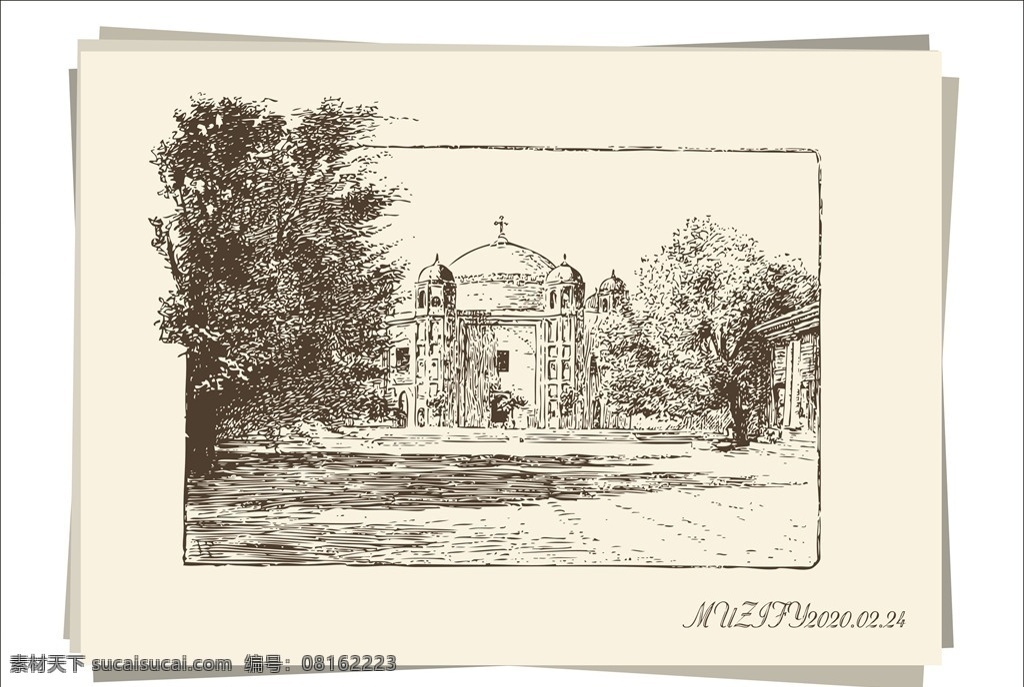 圆顶 古建筑 手绘 稿 建筑物 树木 风景画 手绘稿 素描画 自然景观 建筑园林