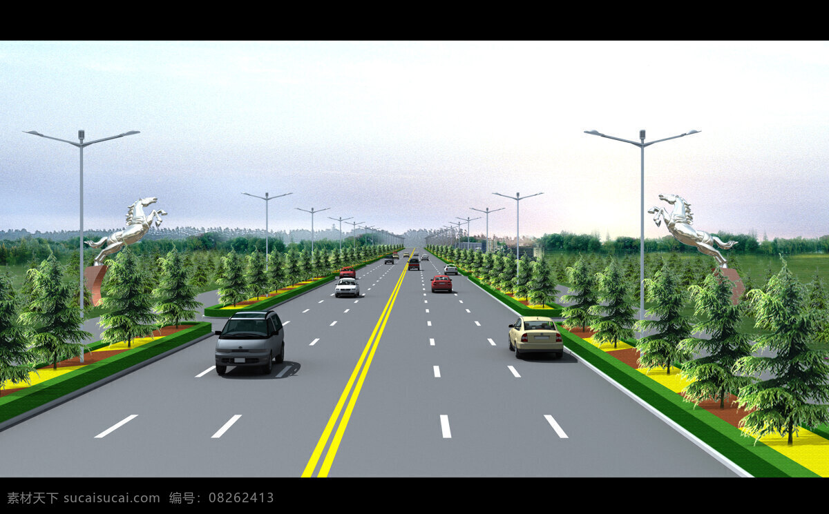 道路 绿化 效果图 公路 花坛 景观设计 环境设计