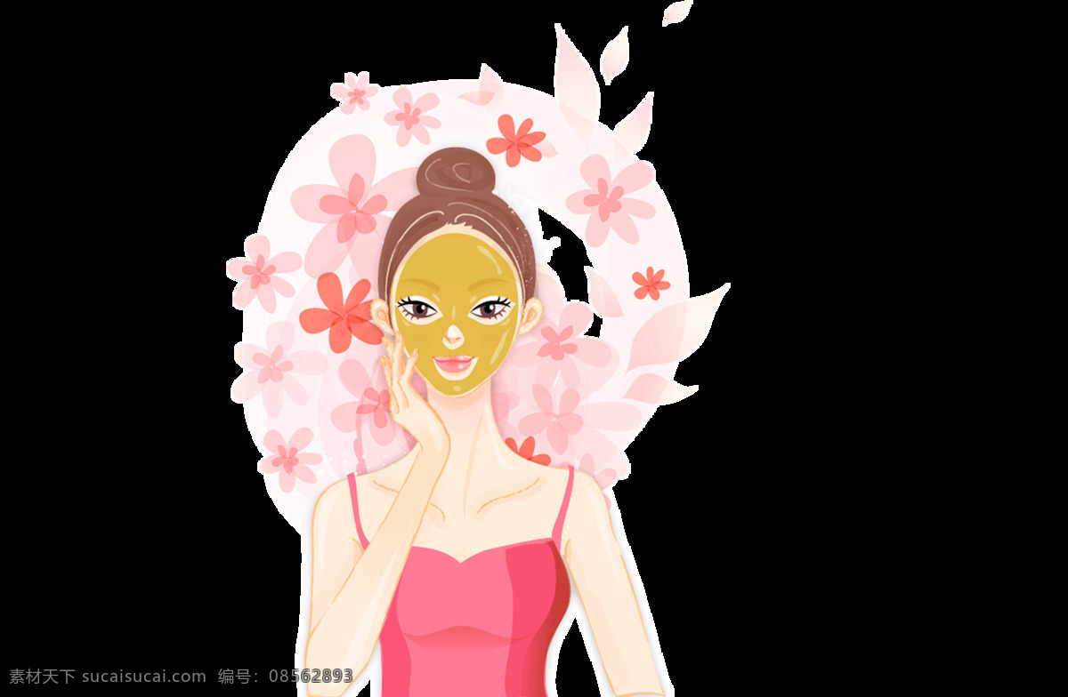 手绘 美女 面膜 元素 浪漫 粉色花瓣 唯美 png元素 免抠元素 透明元素