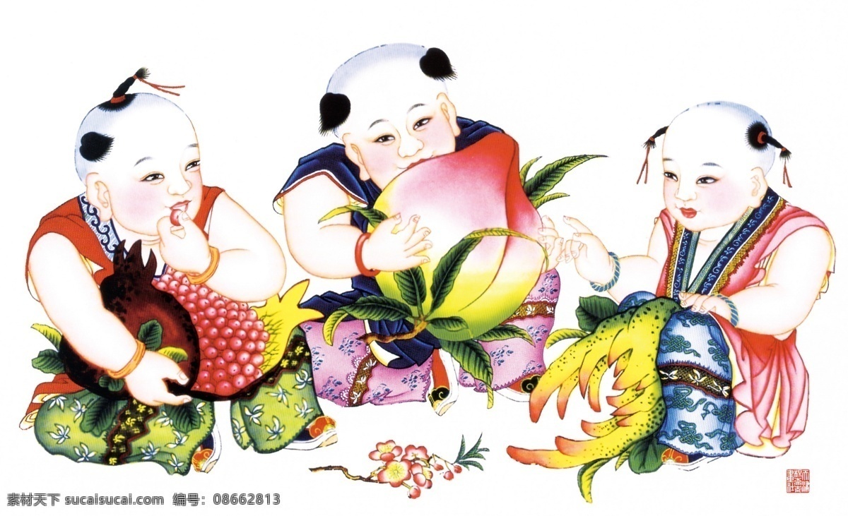 杨柳青 年画 娃娃 童子 金童女玉 寿桃 恭喜发财 吉祥如意 台历 挂历 周历 年历 国画 文化艺术 绘画书法 杨柳青年画