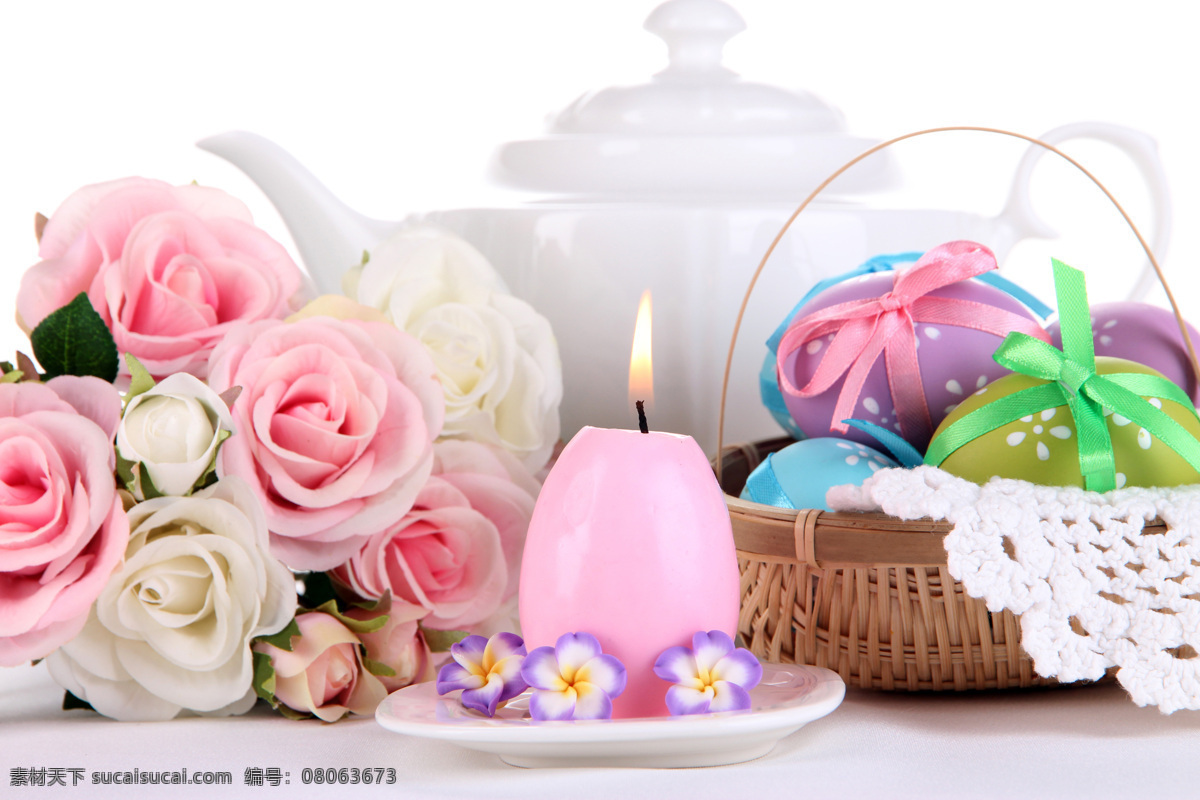 餐桌 上 蜡烛 彩蛋 鲜花 花朵 水壶 复活节彩蛋 彩蛋摄影 复活节素材 复活节主题 节日庆典 生活百科 白色