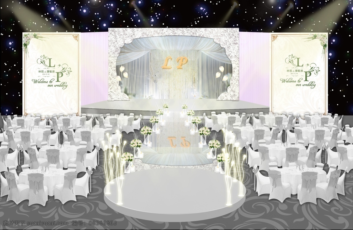 白色蜡烛 简约 欧式 白色 婚礼 效果图 龙珠灯 led大屏 简洁 素雅 圆台 镜面t台