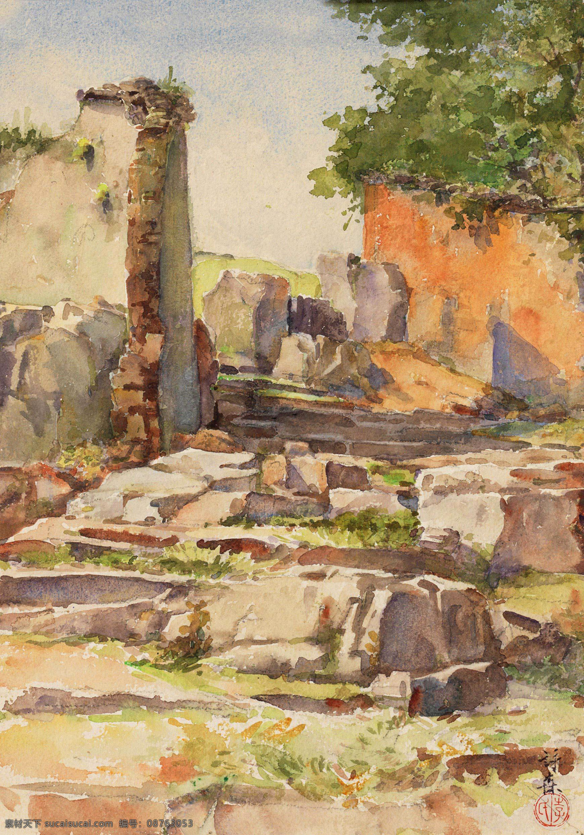 废墟 风景 绘画书法 水彩 水彩画 文化艺术 中国画 乱石 设计素材 模板下载 乱石风景 李咏森 断壁残垣 风景写生