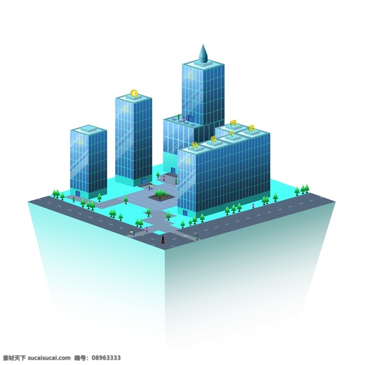 d 科技 城市 办公 写字楼 广场 中心 办公楼 蓝色 建筑 原创 2.5d 科技城市 cbd 城市中心 十字路口 斑马线 中心广场 高端 反光 玻璃 行道树 路上行人 商务办公 高层建筑