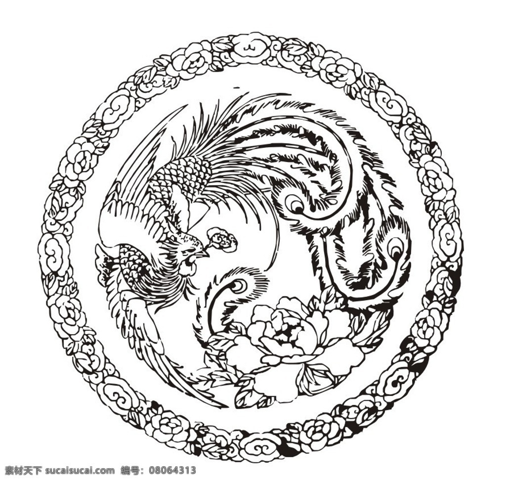 花纹绕凤纹 凤 凤凰 凤纹 凤凰纹 花纹 适合纹样 底纹 纹样 古代 中国古代 传统 传统纹样 传统图案 吉祥 吉祥图案 传统文化 古典 黑白 文化艺术 装饰 装饰图案 民间 设计师图库 矢量