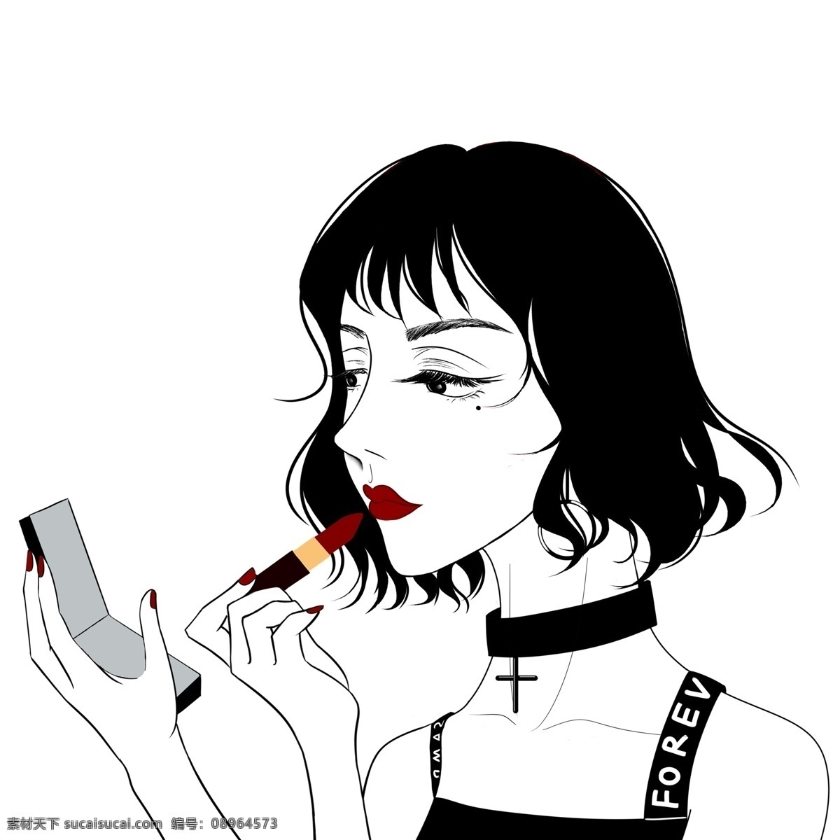 涂 口红 时尚 女孩 人物 卡通 女性 插画 手绘 女人 涂口红 世界美容日