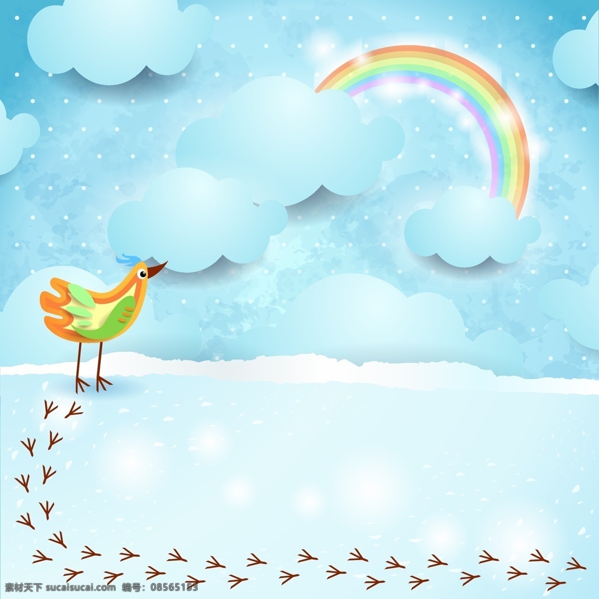 彩色 鸟 彩虹 剪贴 水玉点 脚印 云朵 天空 矢量 高清图片