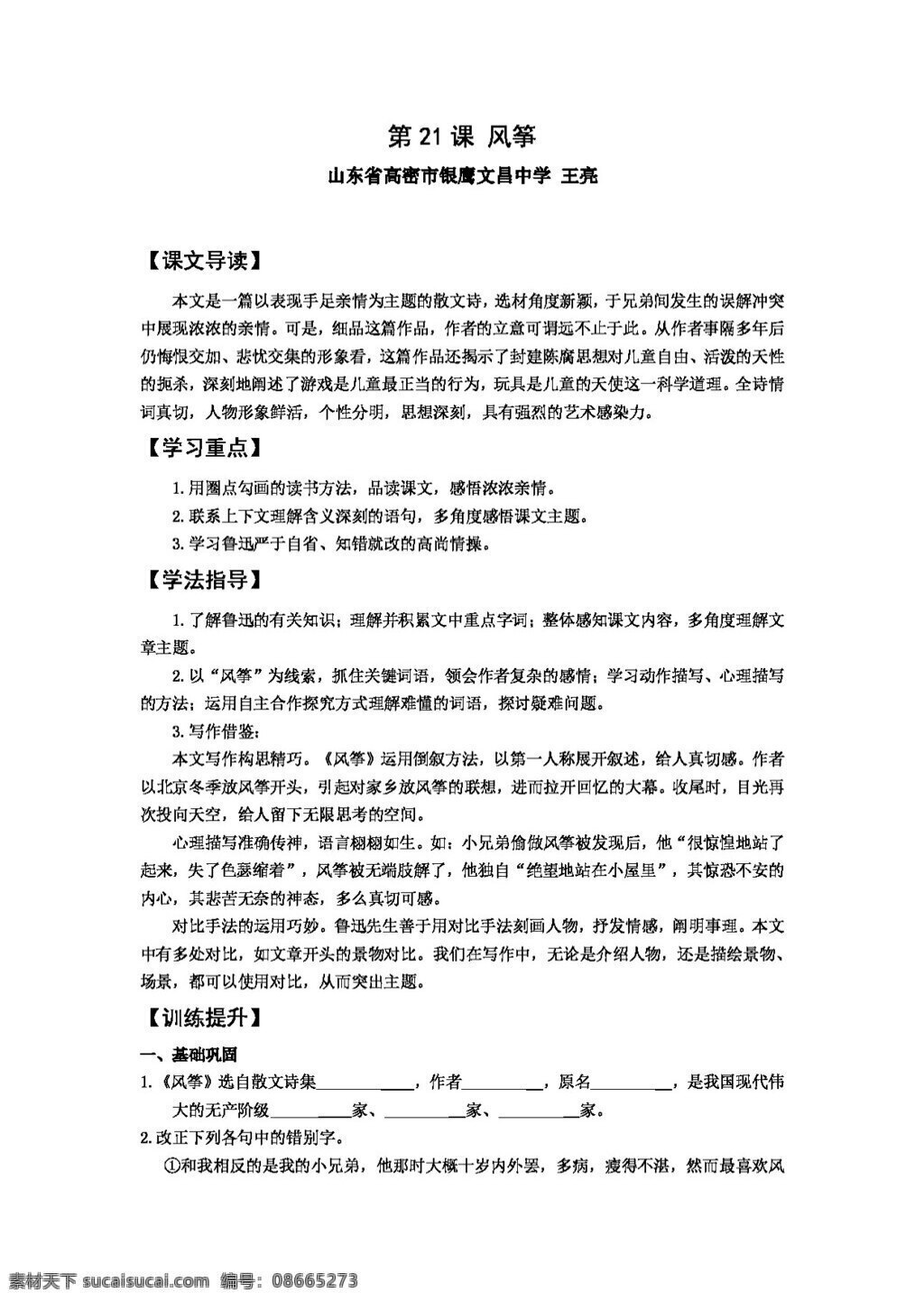 语文 人教 版 七 上 风筝 同步 练习 七年级上 人教版 试题试卷