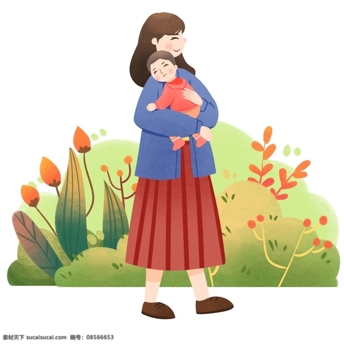 抱 婴儿 郊游 插画 母亲节 人物 母亲 红色的叶子 橙色的花朵 植物装饰 可爱的小孩