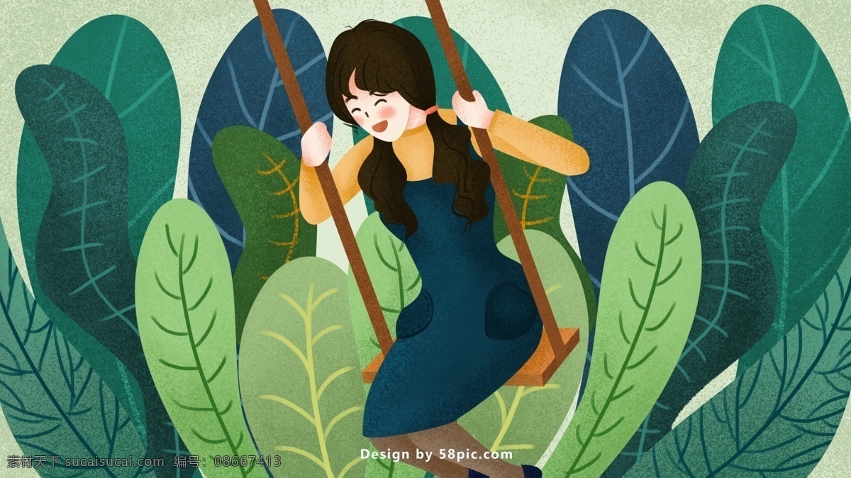 清新 森林 里 荡秋千 女孩 原创 插画 海报 绿色 植物 可爱 树林 秋千 夏日 欢乐 手绘 女生 夏天 原创插画 居家生活