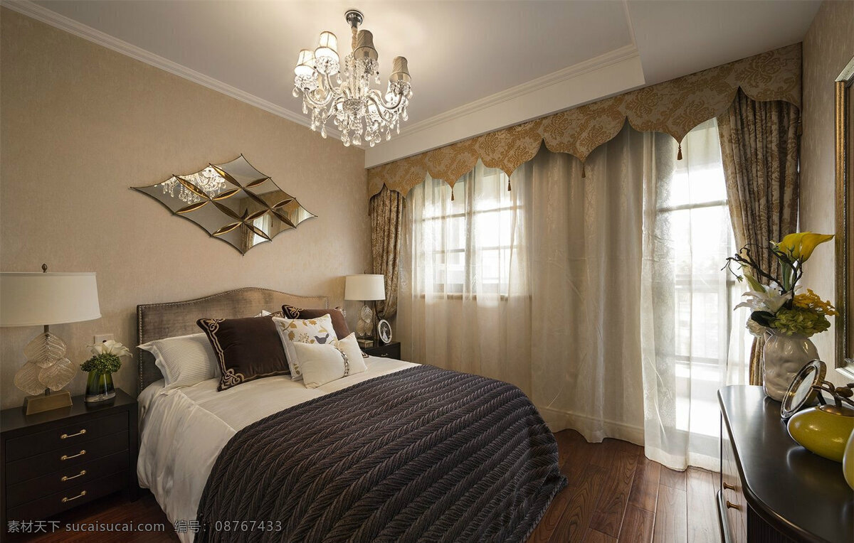 欧式 卧室 水晶灯 装修 效果图 灰色窗帘 地板砖 床铺 台灯 床头柜