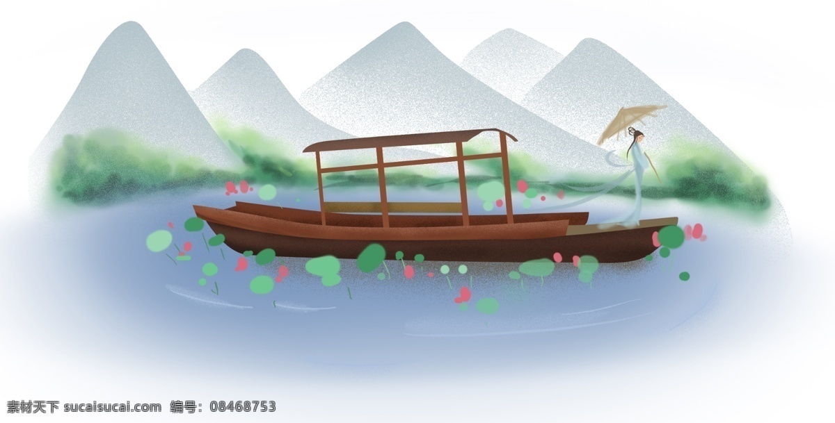 中国 风 游湖 古代 少女 中国风 古风 船只 木船 大山 山 池塘 湖 荷花 夏天 夏季 古装 仙女 仙人
