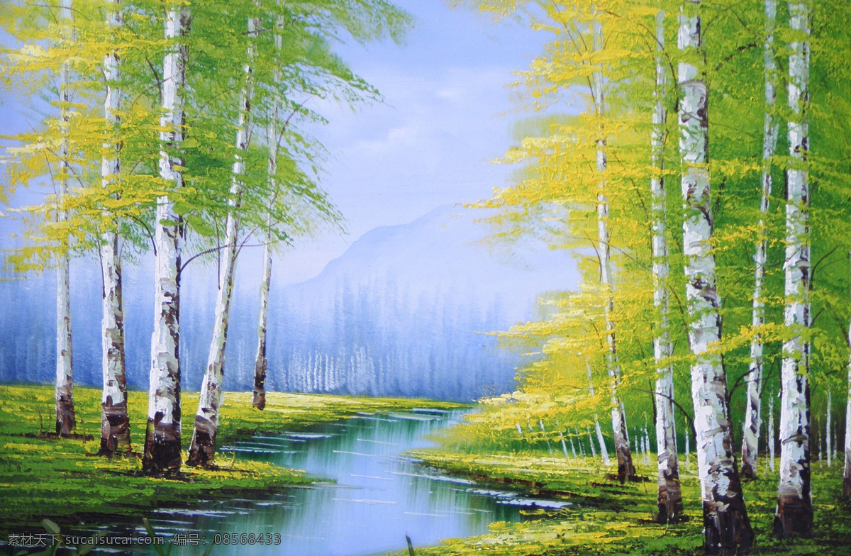桦林春色 美术 油画 风景画 山野 树林 桦树 溪流 草地 油画艺术 绘画书法 文化艺术